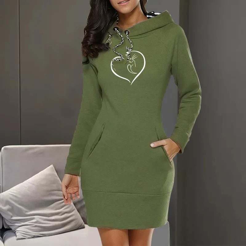

Fall 2021 Women's Hoodie Dress Fashion Long Drawstring Hoodie Long Sleeve Warm Cotton Hoodie Dress Pocket Women's Dress