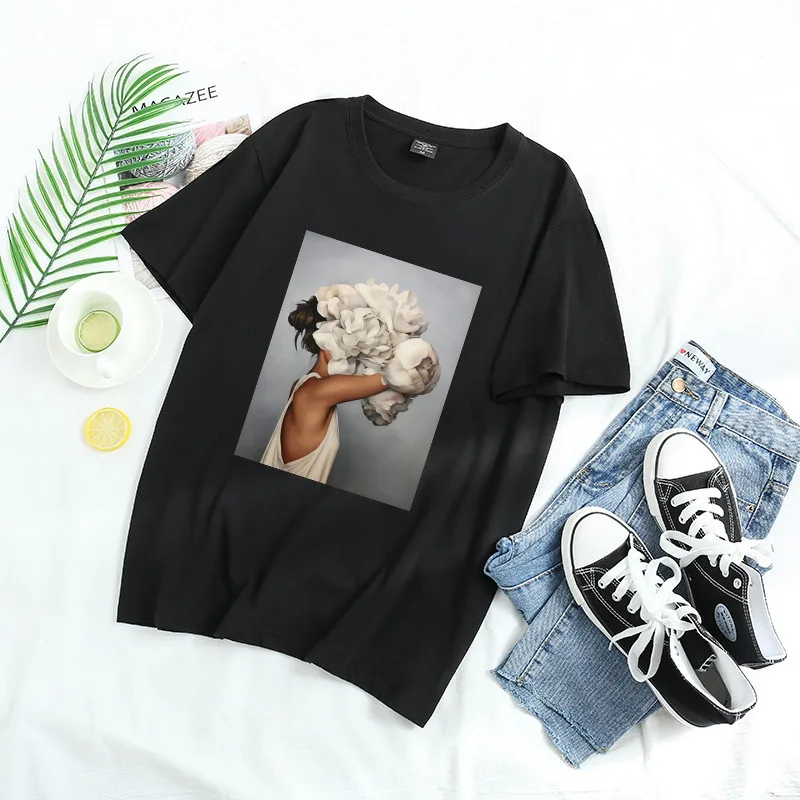 

Flower Feather Aesthetics Tshirt Sexy Feather Girl Print Short Sleeve Tops Fashion Casual Cotton Harajuku Female Summer T-shirt