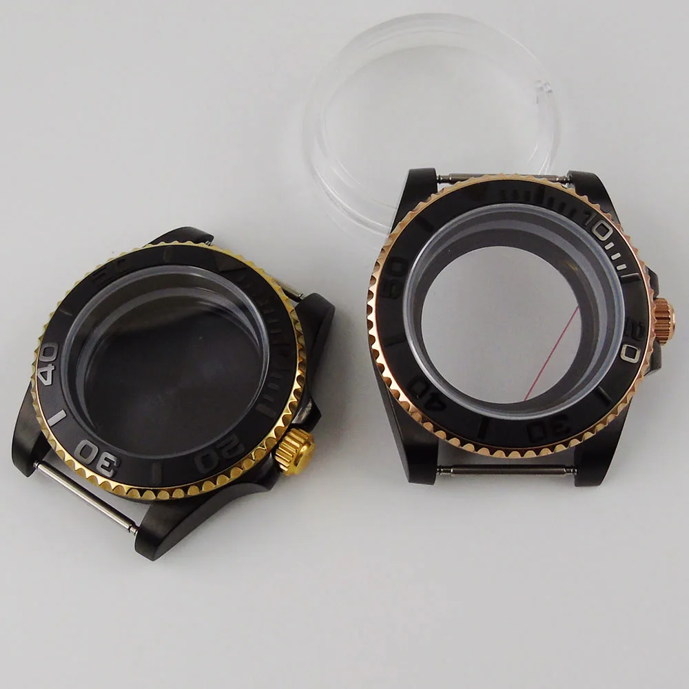 

40mm BLACK PVD Plated Watch Case for NH35 NH35A No Magnifier Brushed Insert Seeing Backcover Unidirectional Bezel