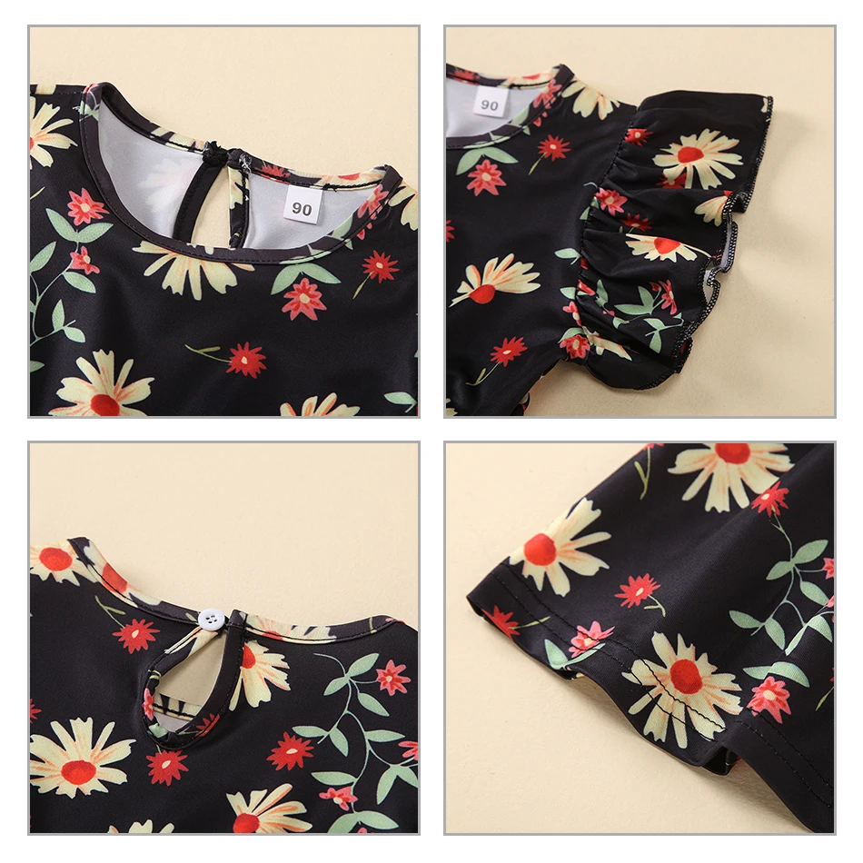 

Girls Summer Dress Daisy Print Dresses Jumpsuit for Kids Ruffle Sleeves Children Sister Clothings Frock for Toddler Costume