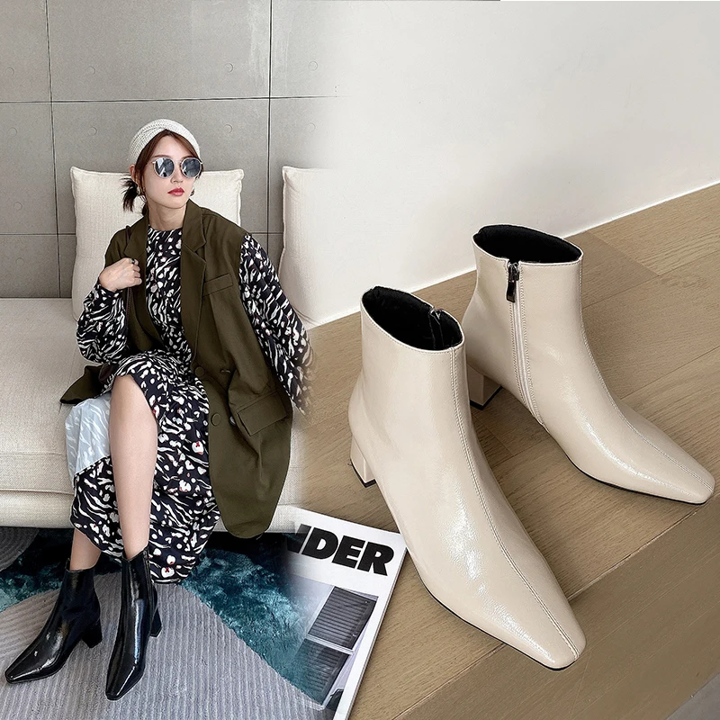 

2021 PU Leather Autumn Ankle Boots Square Toe Zipper Ladies Pumps Square High Heel Concise Women Shoes Size 33-43