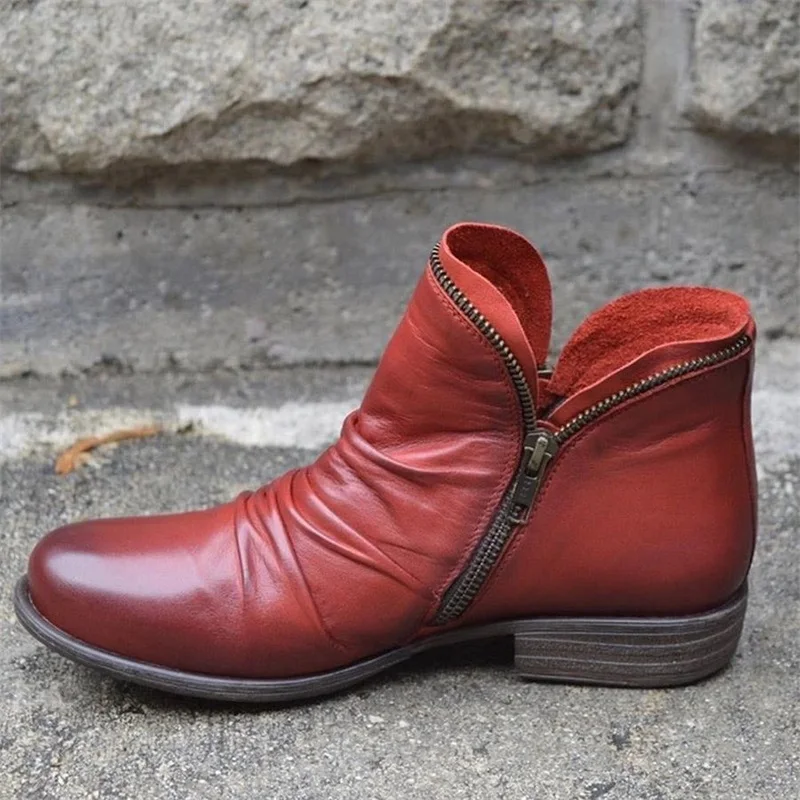 

Women PU Leather Ankle Boots Women Autumn Winter Zipper Vintage Women Punk Boots Flat Ladies Shoes Flat Shoes