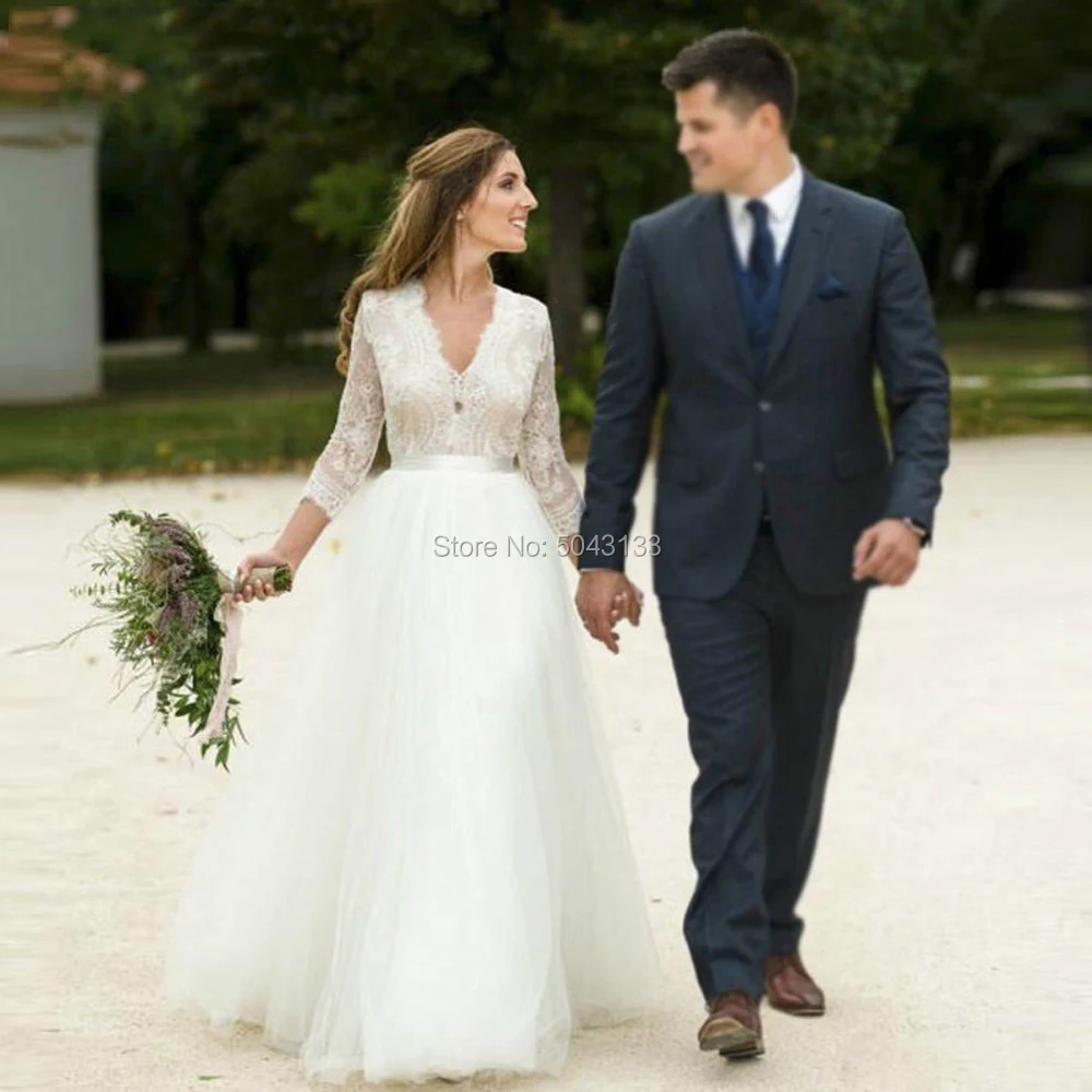 Свадебные платья с V образным вырезом и длинным рукавом 2020 кружевные аппликации