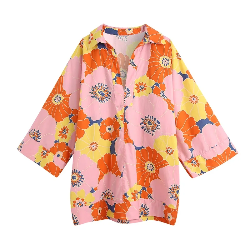 

2021 New Women Fashion Oversized Floral Print Blouses Vintage V Neck Long Kimono Sleeve Female Shirts Streetwear