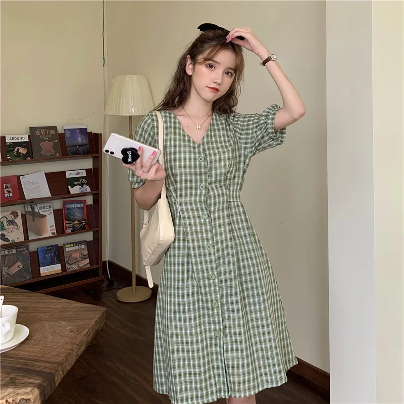 

Yellow Plaid Shirtdress Women's Summer French Mid-Length Dress Waist Slimming Platycodon Grandiflorum First Love Short Sleeve