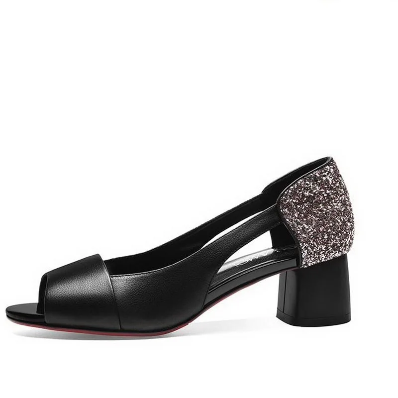 

Peep Toe Sandals Woman Mid Heel Work Shoes For Office Lady Soft PU LEATHER Summer Heels Square Heel Sequince The Back 2020