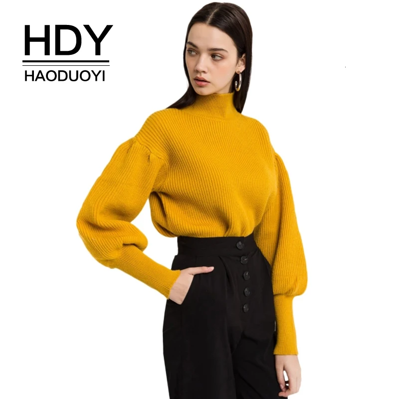 HDY Haoduoyi, однотонные, пышные, с длинным рукавом, со стоячим воротником, милые пуловеры, повседневные, элегантные, короткие, Новое поступление, топы для женщин