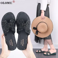 classic design ladies flat flip flops rhinestone sandals flat shoes beach ladies sandals 2021