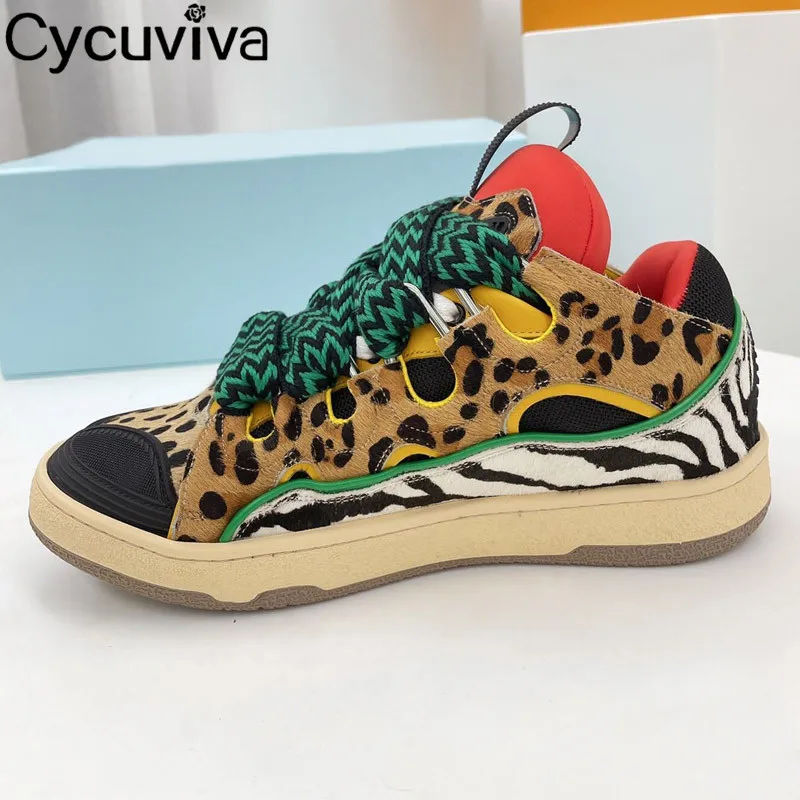 

Lace Up Flat Walking Shoes Women Leopard Suede Patchwork loafers thick Bottom Climbing Trainers Causal Designer Shoes Sneakers