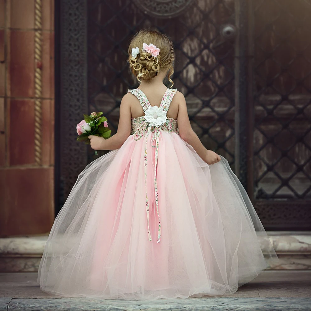 Kids Baby Girls Princess Dress Floral Lace Up Mesh Ball Gown Party Wedding Birthday Tulle Tutu Dresses Long Maxi 1-7Y | Детская одежда