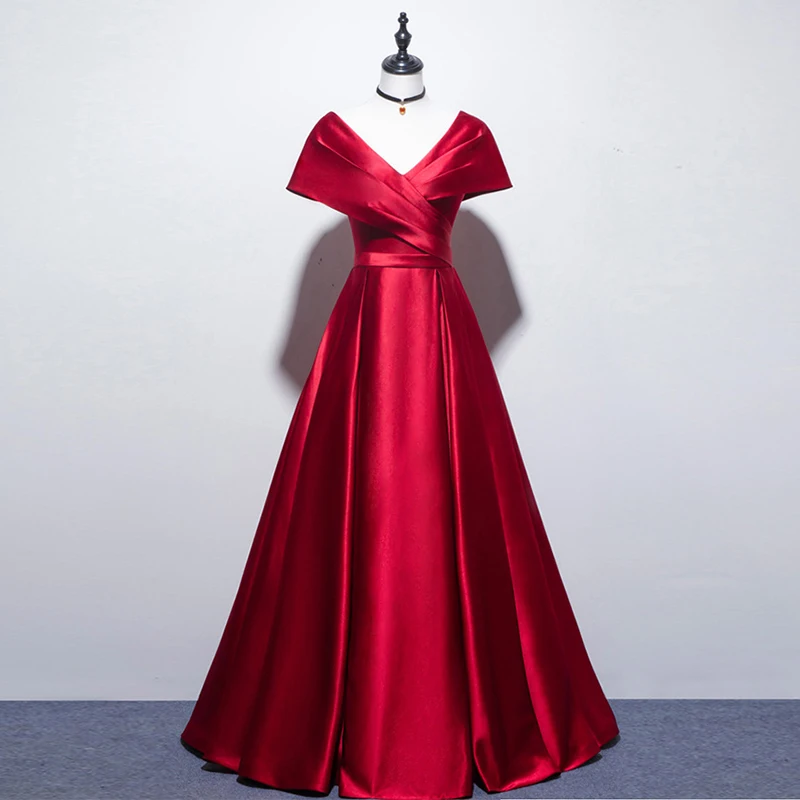 

New Long Evening Dress Boat Neck Satin Wine Red A-line Bride Party Formal Gown Homecoming Dresses Robe De Soiree