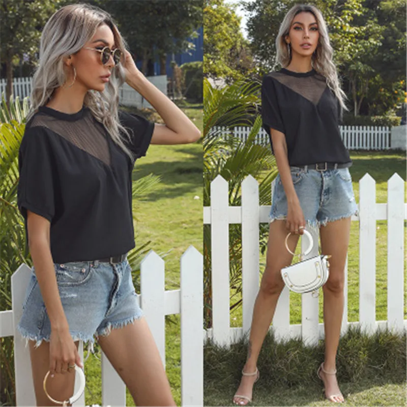

New Arrival Women Chiffon Blouse Sexy Mesh Hollow Out Female Shirts Summer Thin Black Color Lady Top