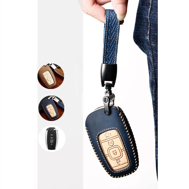 

New Color Real Leather Car Smart Remote Key Fob Case Cover Holder Shell Chain Bag For Ford Lincoln MKC MKZ Accessories