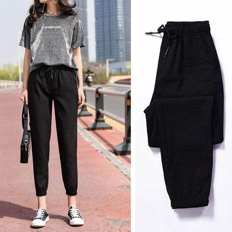 

2022 Summer Thin Solid Sports Running Harem Pants Loose Casual Drawstring High Waist Trousers Women Plus Size Streetwear X123