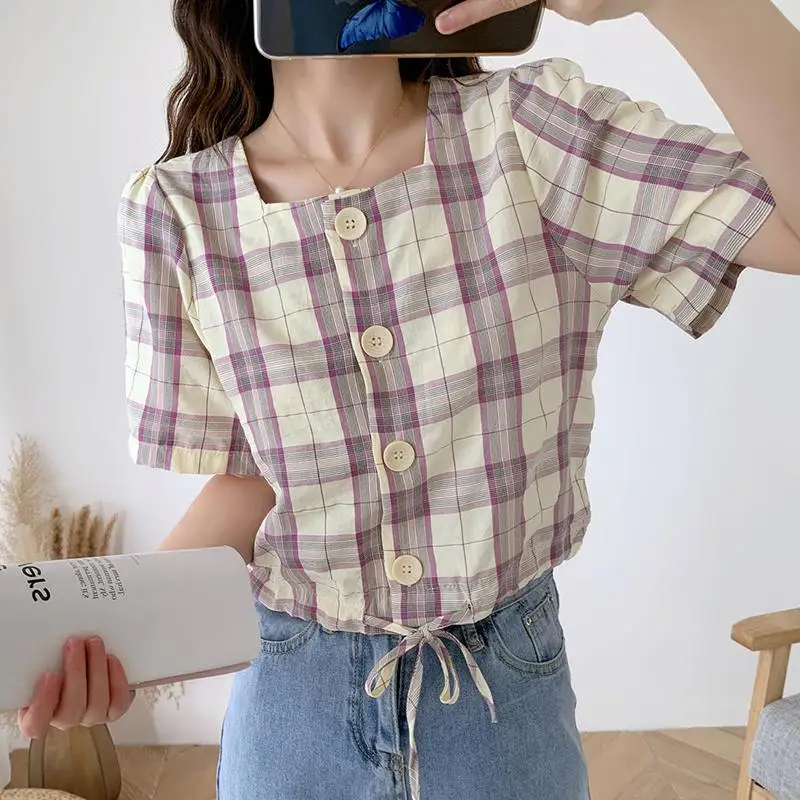 

MISSKY Women's Blouse Summer Drawstring Plaid Square Collar Short-sleeve Shirt Female Tops New