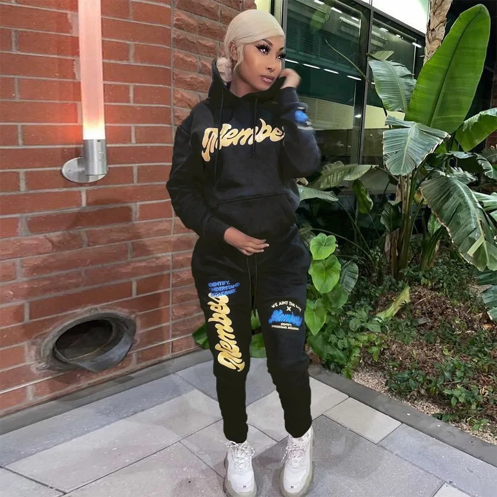 

Solid Winter 2021 Two Piece Sets Pocket Hoodie Sweatshirt + Pants Sweat Suits Casual Sporty 2 PCS Outfits Tracksuits Female