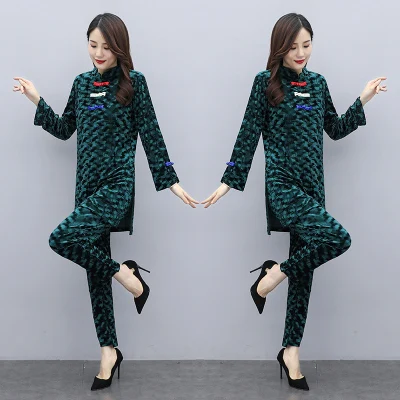 

Velvet 2 Piece Sets Womens Outfits Vintage Wholesale Clothing Turtleneck Single Breasted Women Top And Pants Matching Sets