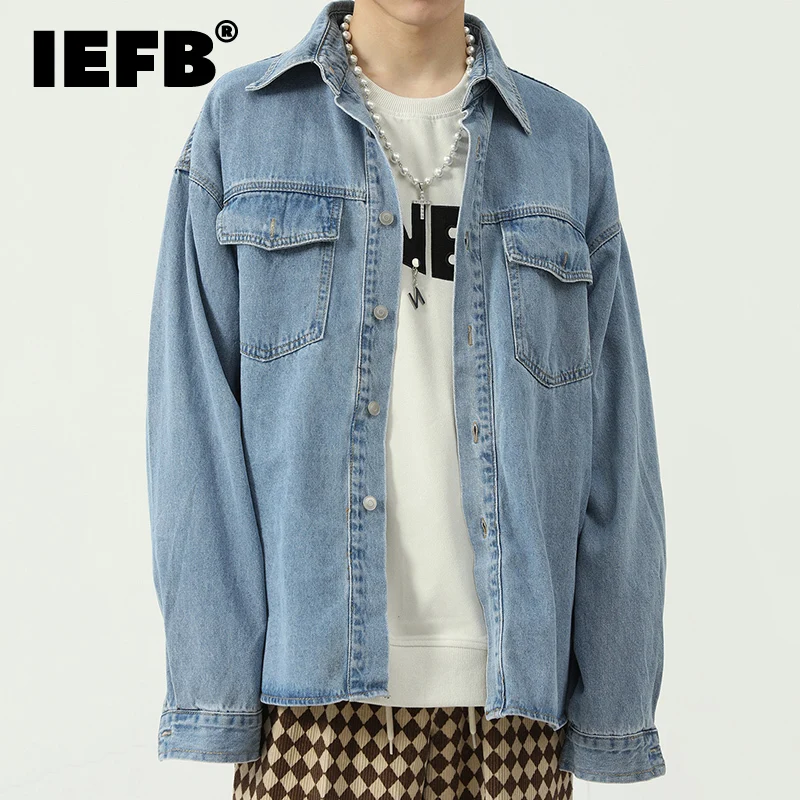 

Мужская одежда IEFB с двумя карманами, дизайнерская джинсовая Толстая рубашка с лацканами, новинка 2021, осенняя модная повседневная однобортн...