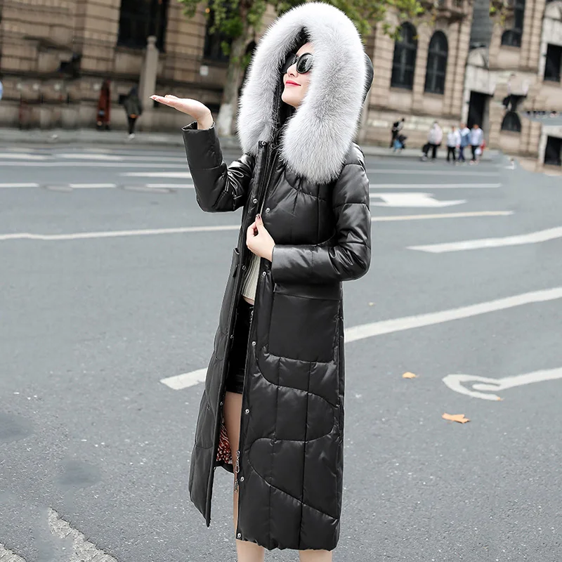New Women Leather Down Jacket Autumn Winter 2022 Fashion Real Fox Fur Collar Hooded Slim Sheepskin Overcoat Long Down Coat