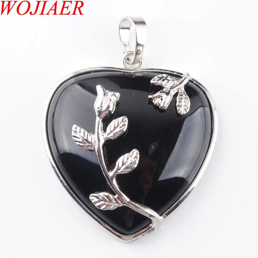 Black Agate Натуральные драгоценные камни, бусины, сердце, посеребренный цветок, целительная Рейки Чакра, ожерелья с подвесками, 1 шт., ювелирные изделия PBN316 - Окраска металла: Black Agate