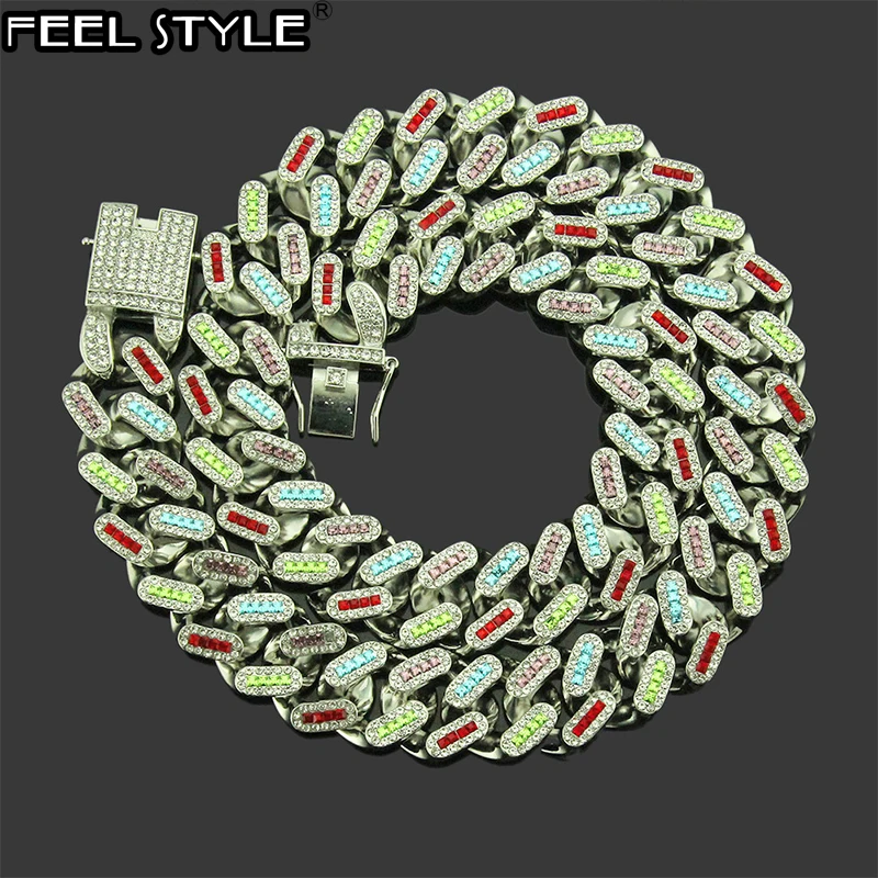 

Hip Hop 21mm Iced Out Men's Bracelet Male Rhinestone Glitter Miami Cuban Chain Necklace Men Colorful Bracelets Jewelry