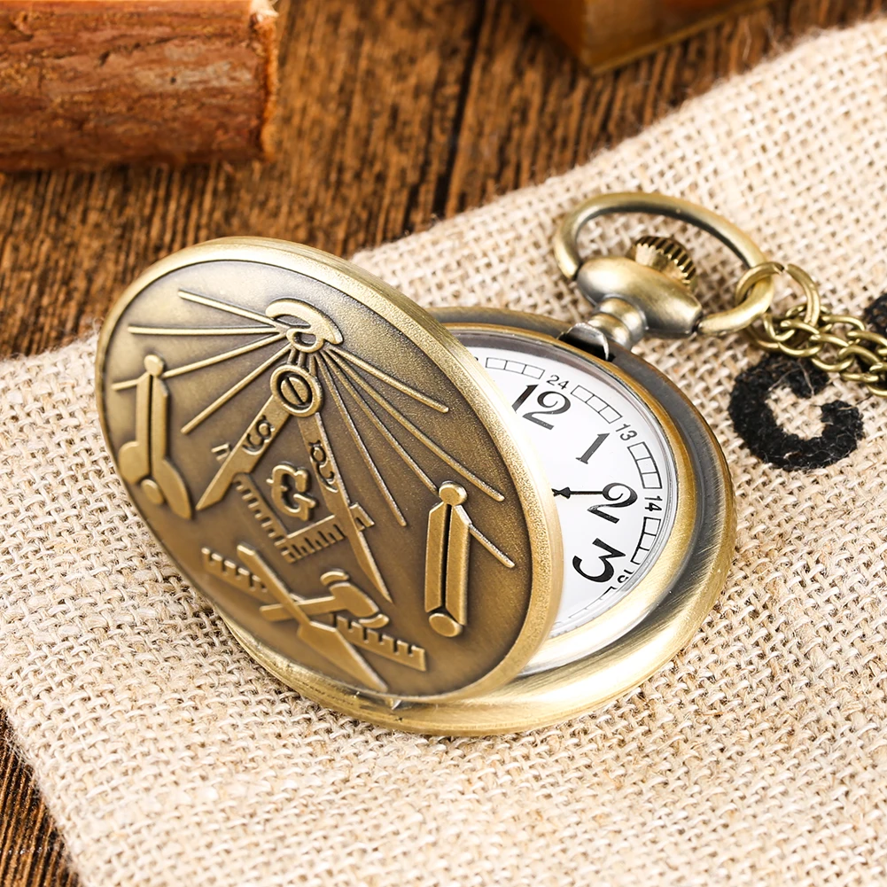 Bronze Masonic Pocket Watch Suit Men's Retro Quartz Clock Thick Chain Pendant With Fine Accessories Birthday Gifts Set for Men
