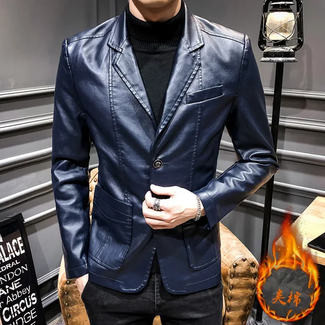 Thick Британский стиль, весна-осень, мужская приталенная куртка из искусственной кожи, повседневный деловой пиджак, мужская куртка из искусственной кожи - Цвет: Thick
