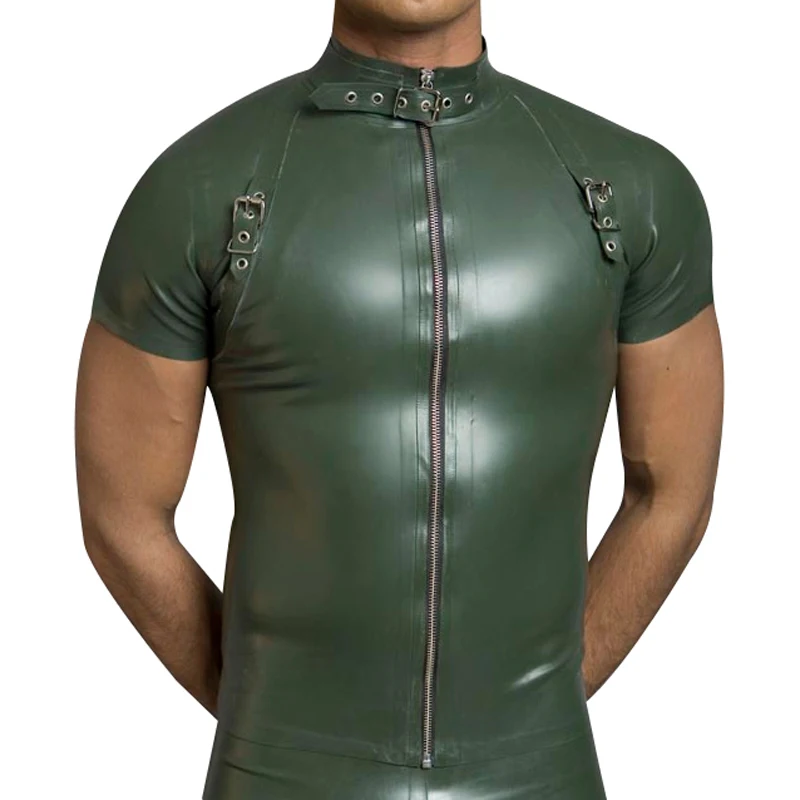 

Olive Green Sexy Latex T Shirt With Belts At Neck Front Shoulder Epaulet Zippers Front Rubber Clothing Clothes Top YF-0261
