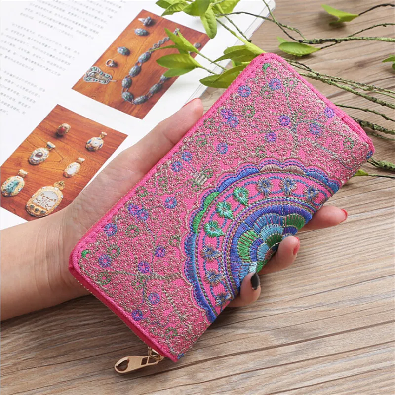 

Women Vintage Ethnic Bag Floral Embroidered Coin Clutch purse lady card Long Wallet Coin phone Card Holder Handbag