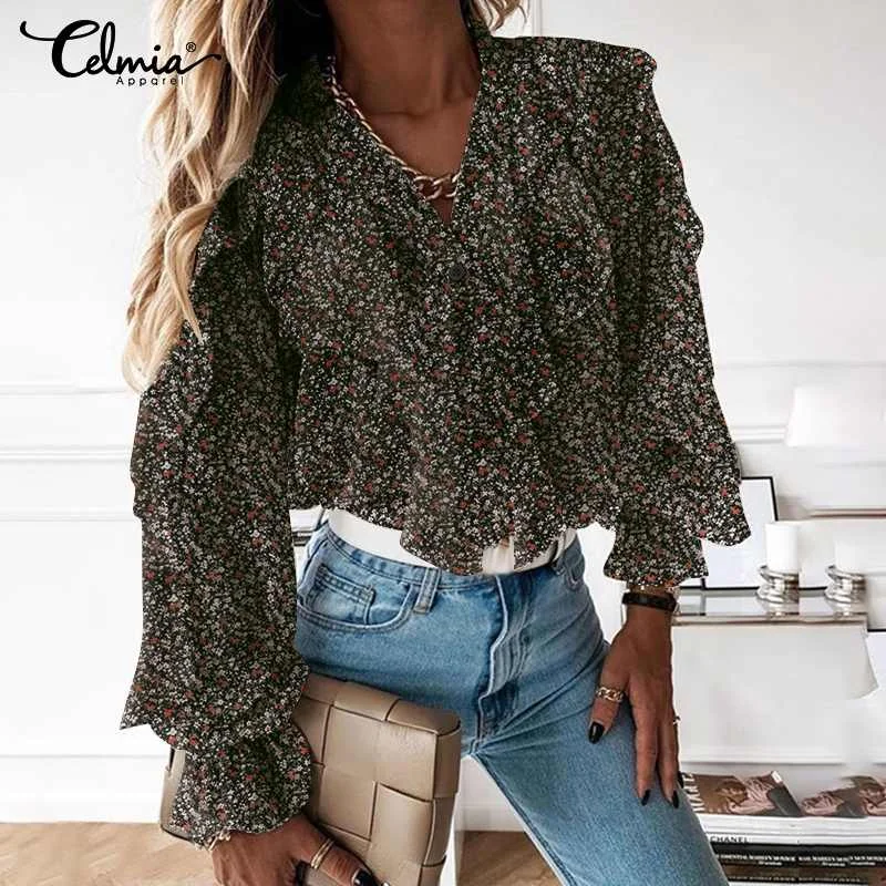 

Elegant Floral Print Shirts 2022 Celmia Women Autumn Fashion Ruffles Tops Long Flare Sleeve V-neck Tunic Casual Buttons Blusas