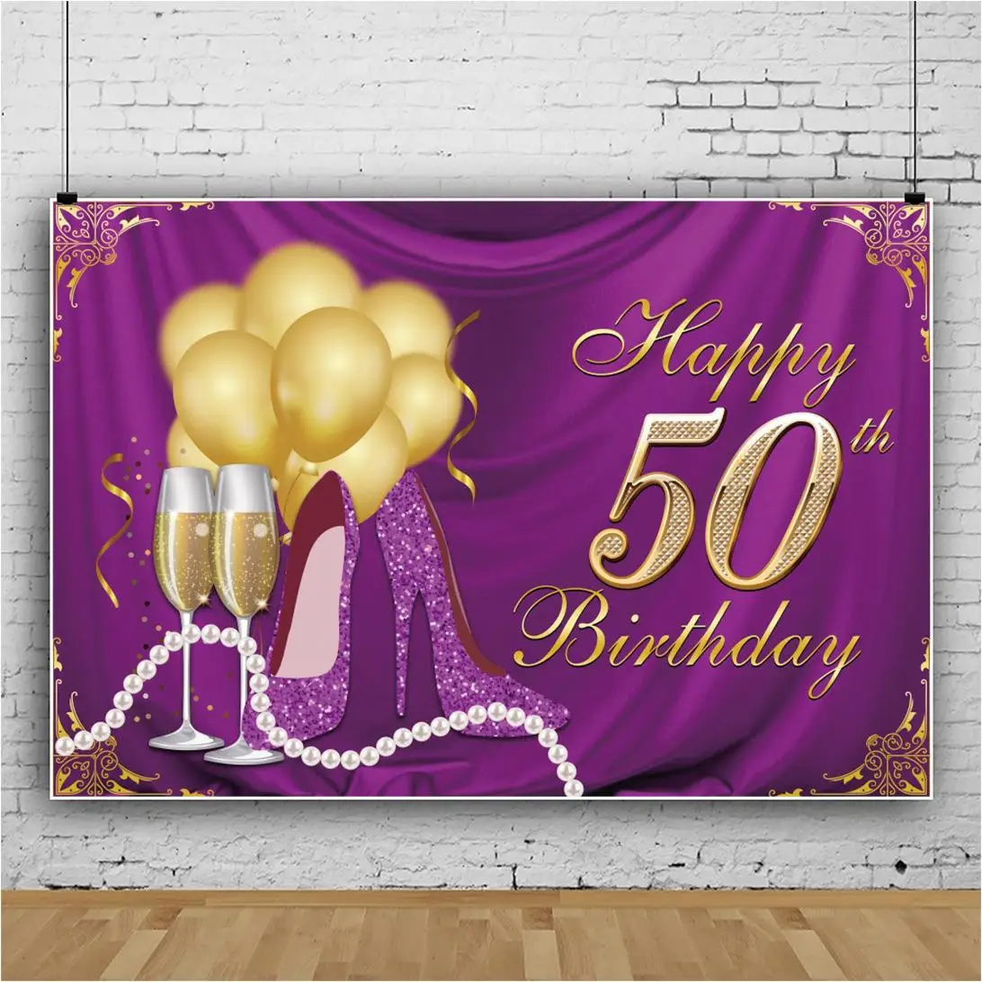 

Happy 50th birthday Fabulous Backdrop High heels Champagne Gold Glitter Photo Background Studio Fifty Birthday Party Decorations