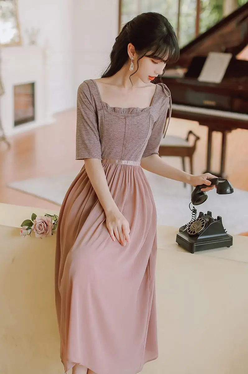 

COIGARSAM French Style Women dress Spring Vintage High Waist Dresses Taro Purple 1390
