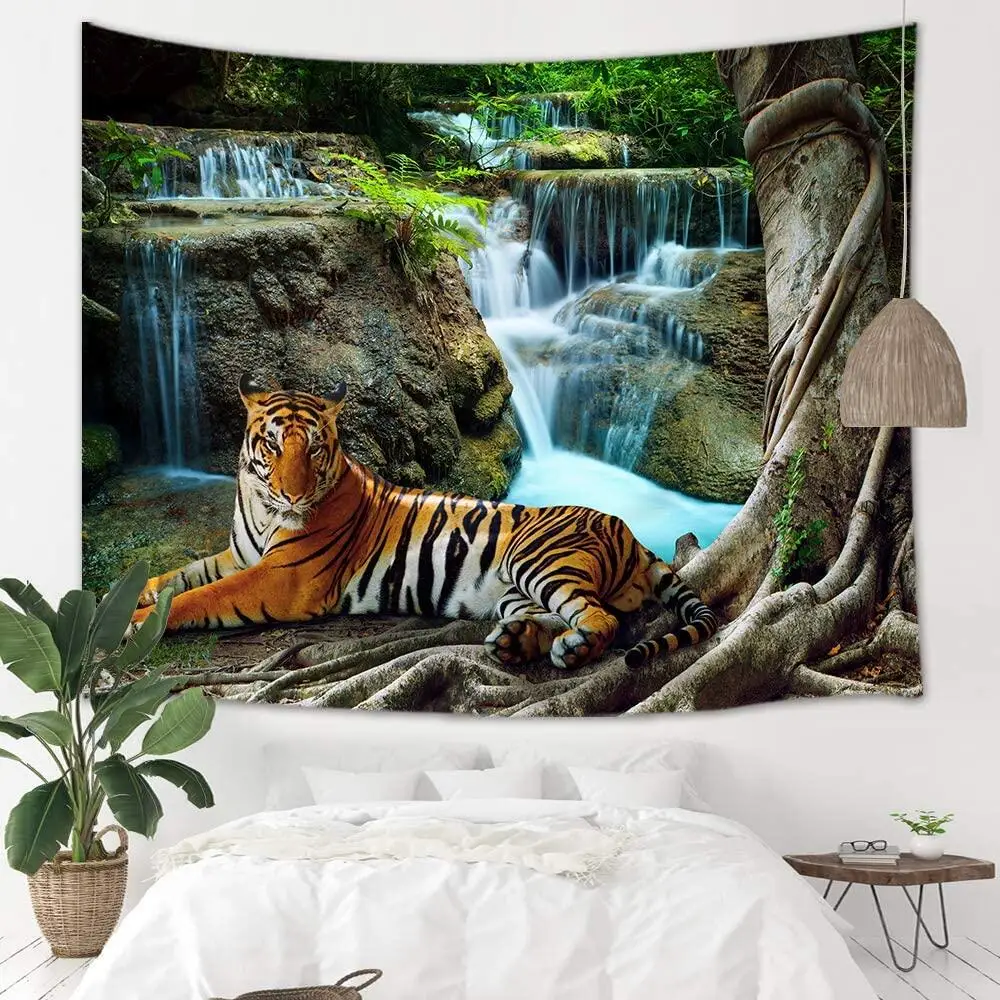 Настенный гобелен с изображением диких животных тигров под водопадом украшение