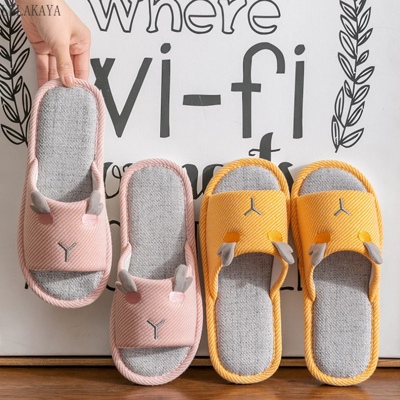 

Couples Unisex Indoor Slipper Cute Deer Animal Home Simple Linen Slippers Spring Summer Striped Open Toe Shoe Ladies Flax Slides