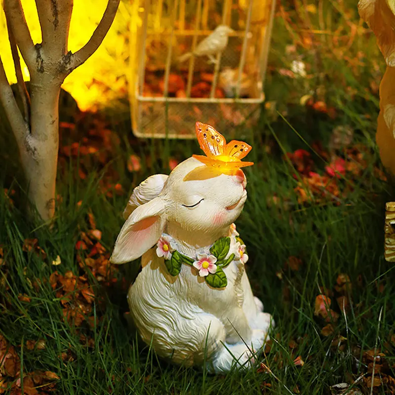 Garden Rabbit Sculpture Solar Light-emitting Gardening Decoration Resin Handmade Crafts Outdoor Courtyard Decor Animal Statue