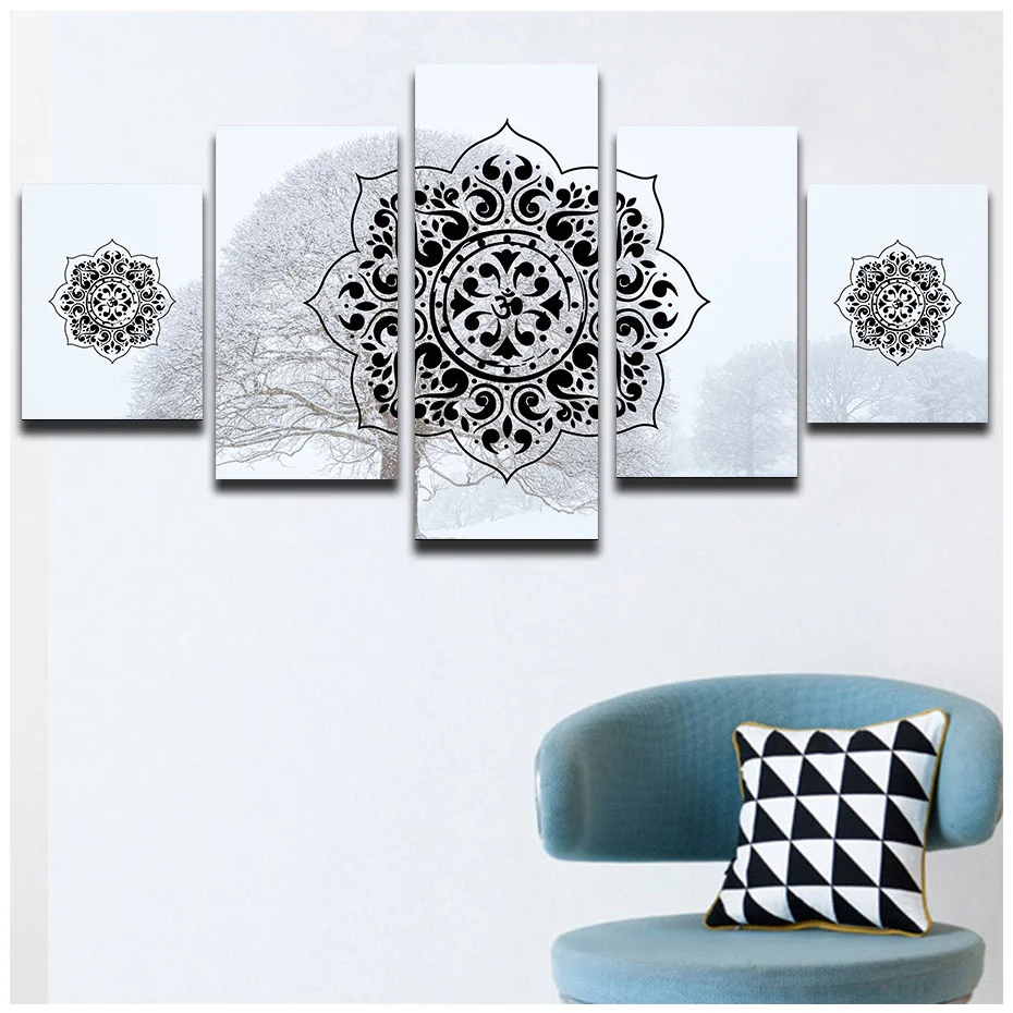 

5 Pieces Wall Art Paintings For Living Room Snow Background Islamic Muslim Arabic Poster Print Mandala Pictures Modular Murals