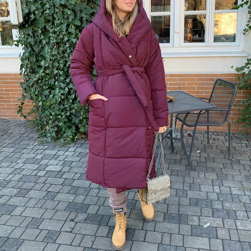 

Zoulv Women's Casual Hoodie Belt Long Loose Big Pocket Coat Simple Winter Warm Waist Strap Long Down Cotton-padded Jacket Trend