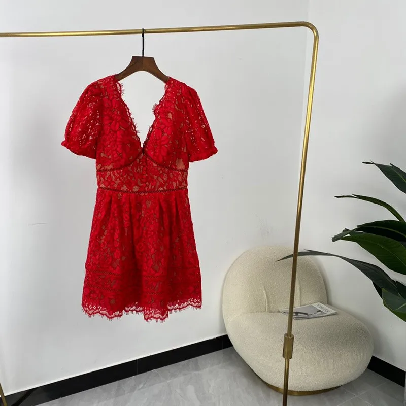

Женское мини-платье с коротким рукавом, Красное ажурное платье с цветочным узором и крючком, лето 2021