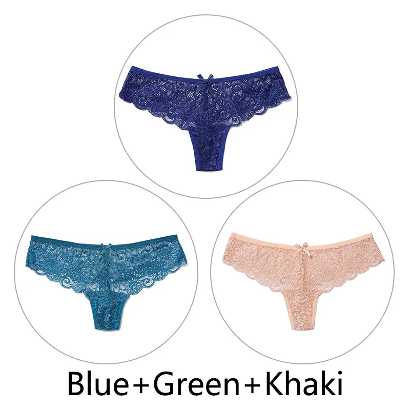 Blue Green Khaki 3 шт., сексуальные кружевные трусики женские стринги и стринги, открытая низкая талия, нижнее белье, прозрачные танга, женское нижнее белье, дышащее - Цвет: Blue Green Khaki
