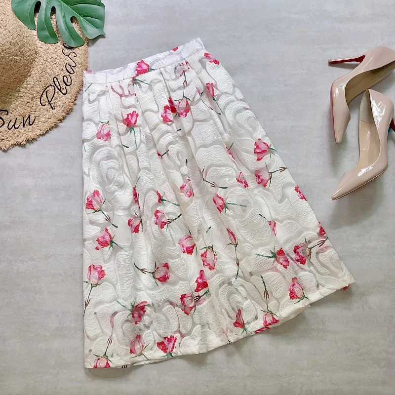 Женские юбки длиной до колена с принтом розы открытые французские романтические