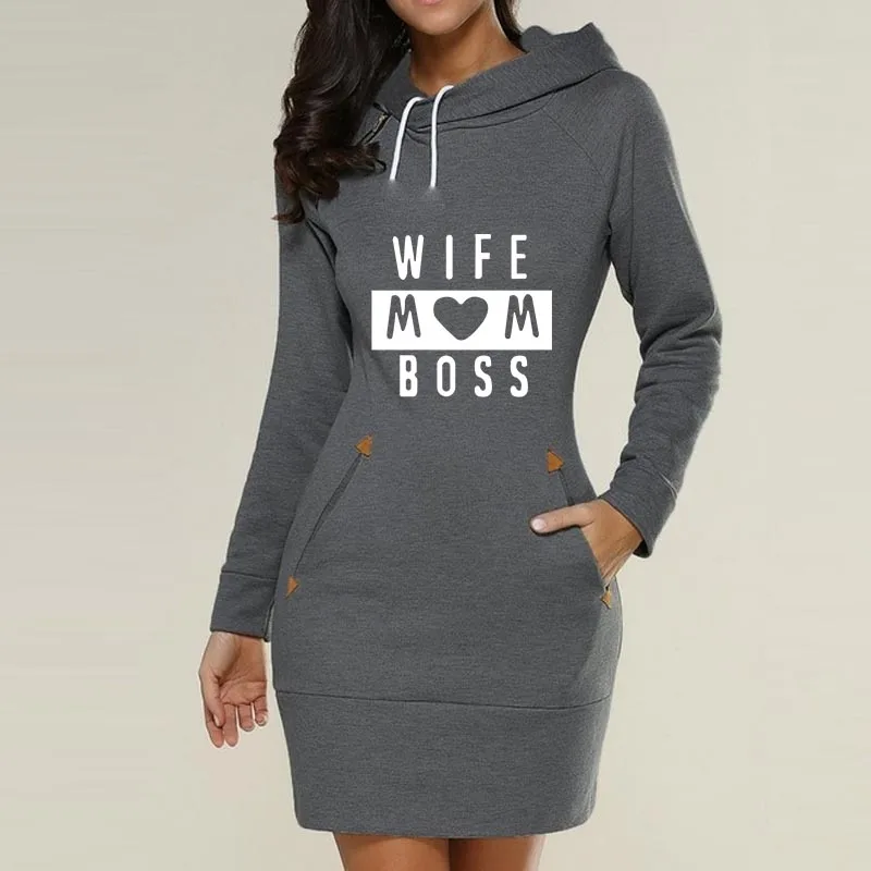 WIFE MOM BOSS Printed Thicken Funny Loose Kawaii Cartoon 2019 Autumn Women Fashion Hoodies Long Sweatshirt Dresses Pullover Top | Женская