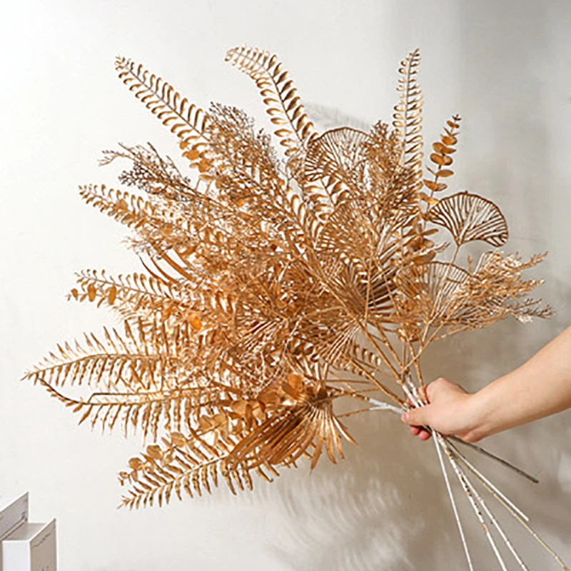 

Artificial Plants Golden Plastic Leaf Eucalyptus Maple Leaves Flower Arrangement Material Wedding Christmas Party Home Decor
