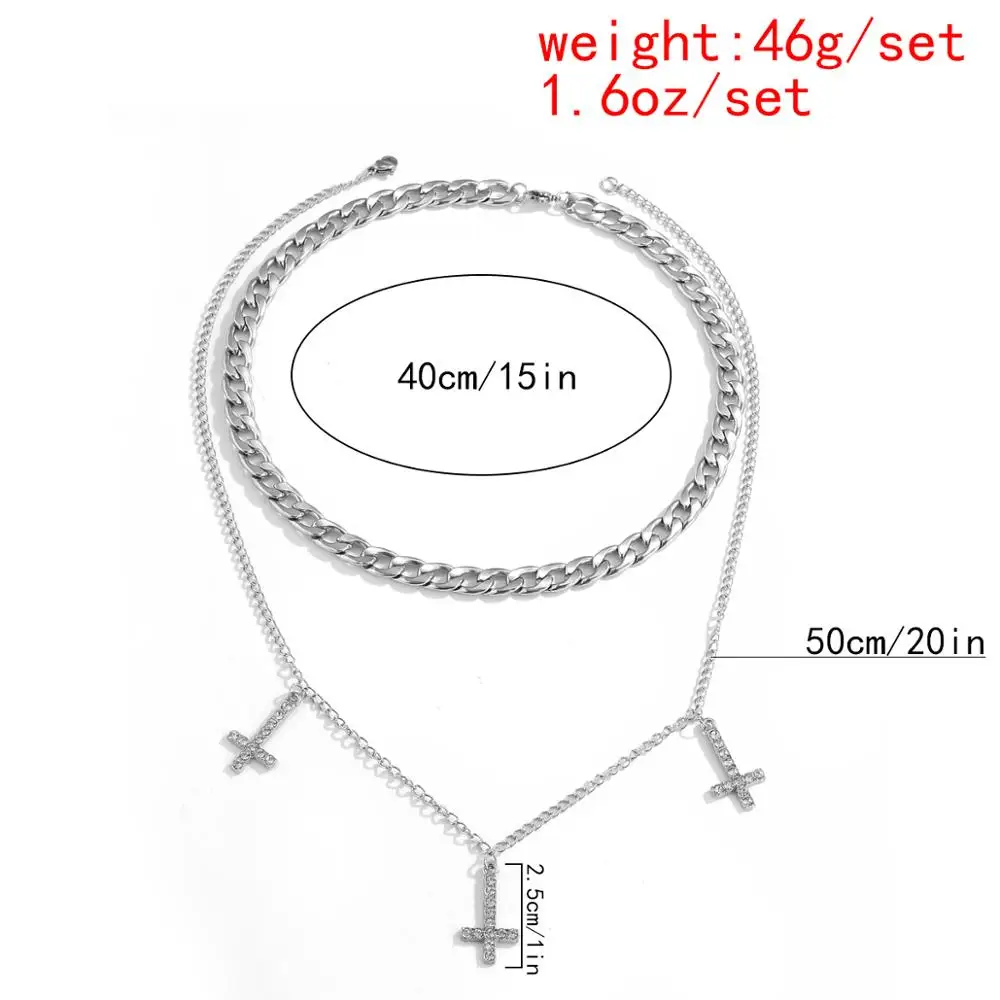 

Lacteo Neo Goth Rhinestone 3 Cross Shape Pendant Necklace Hip Hop Multi Layered Stainless Steel Chain Choker Necklace for Women