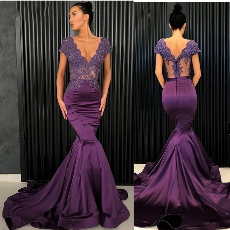 

Mermaid Evening Dresses V-Neck Cap Sleeves Lace Applique Zipper Back Mermaid Prom Dress robe de soirée femme فساتين السهرة