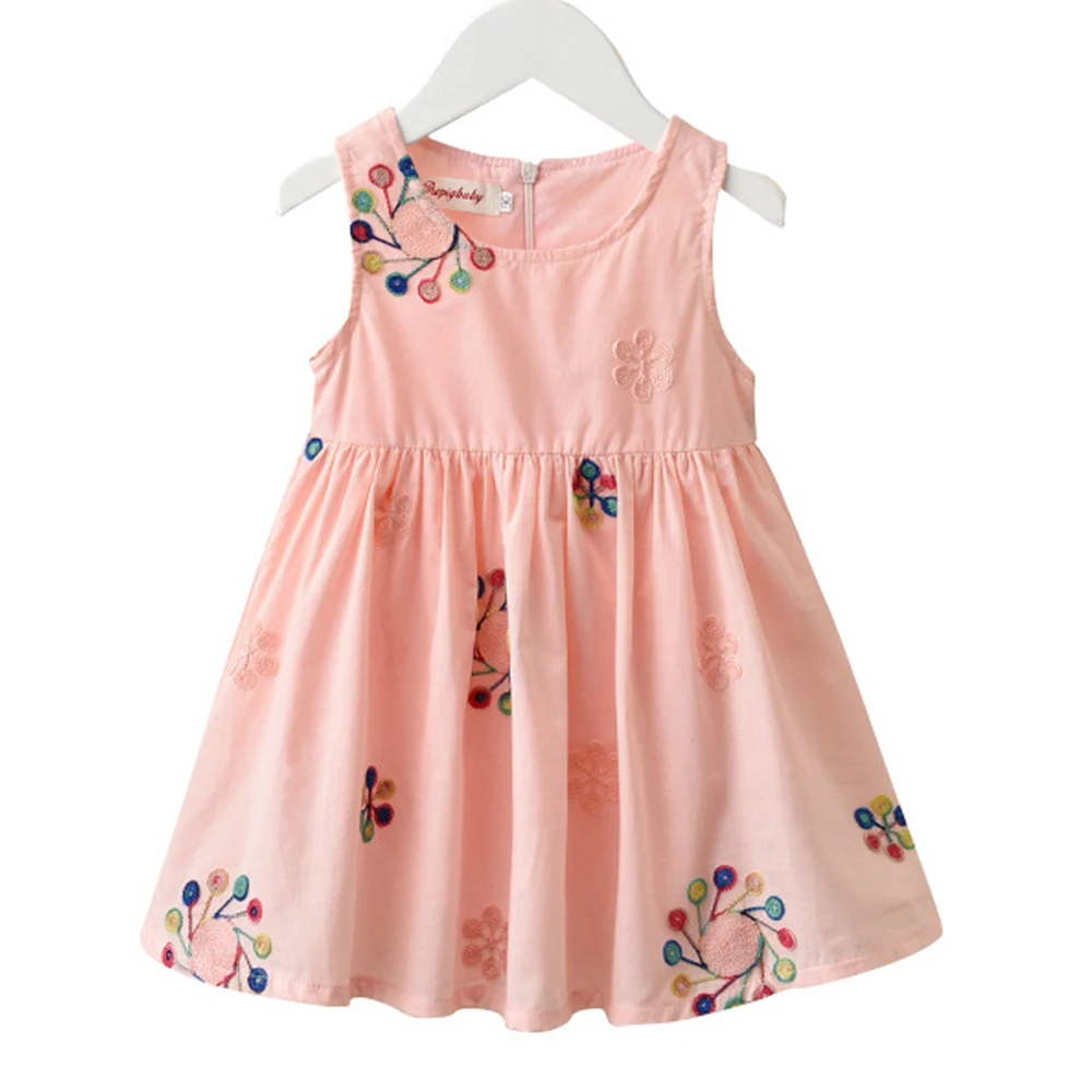 

Flower Embroidery Girl Summer Dresses Cotton Sleeveless 2-8Years Kids Dresses for Girls 6 & 7 Years Old Knee-Length Clothes