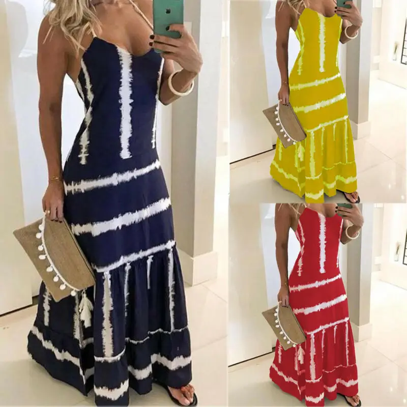Женское платье макси в стиле бохо на бретелях спагетти длинное без рукавов