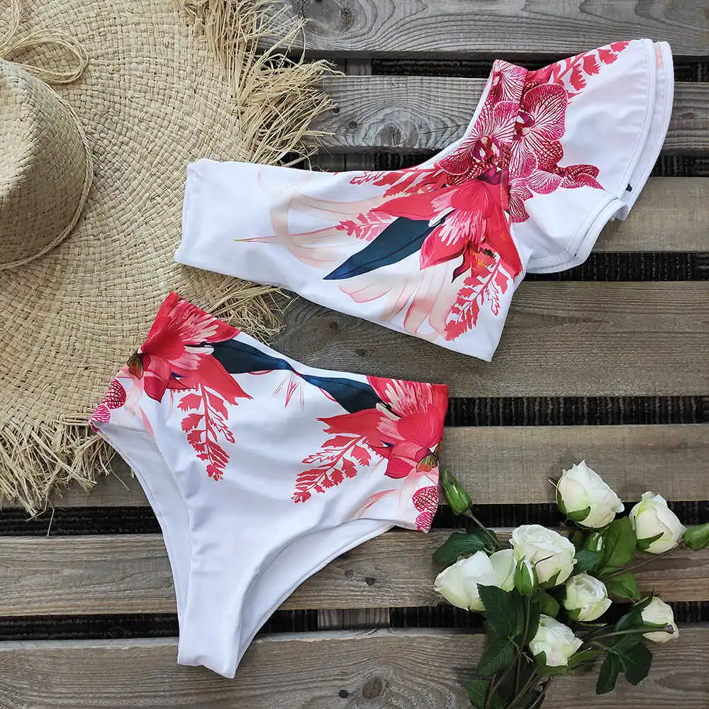 

A Bikini Shoulder 2021 With A High Waist Bikini Frilly Swimsuit Women's Bath Rope Up Beachwear
