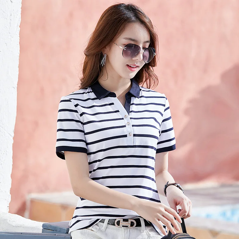 Рубашка поло женская летняя в полоску с воротником от S до 3XL 95%