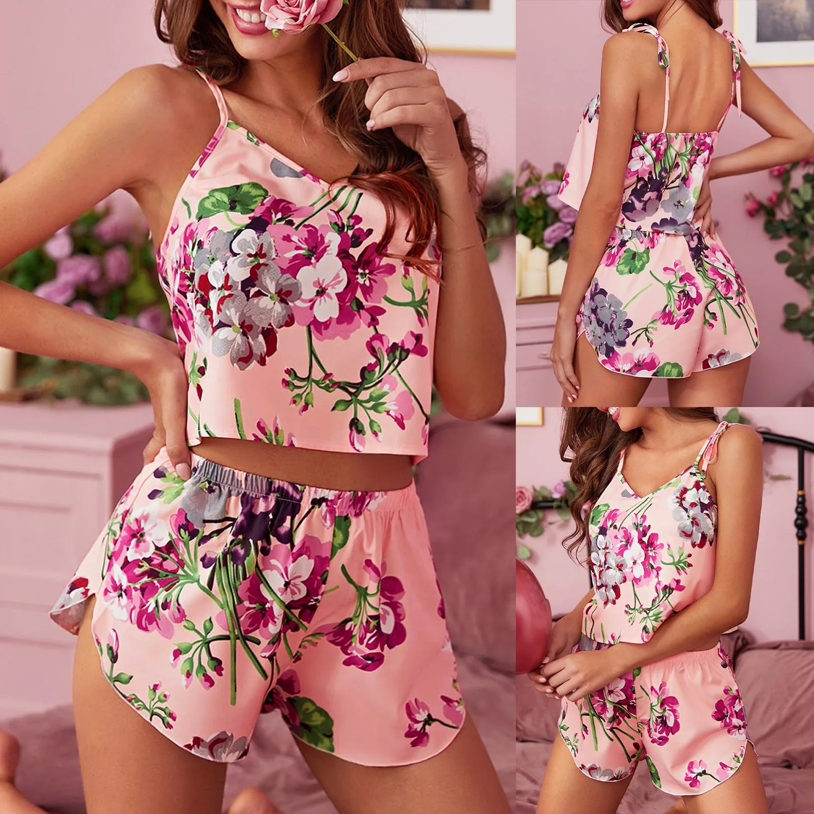 

2021 New Silk Pajamas Sexy Satin Lingerie Shorts Set Women Underwear Sleepwear Sling Top Underwear Nightwear Pijama Mujer Encaje