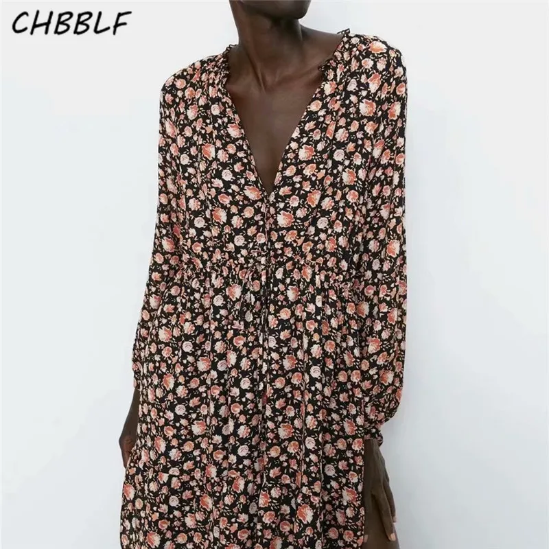 Фото Женское свободное мини-платье CHBBLF короткое платье с v-образным вырезом кулиской и